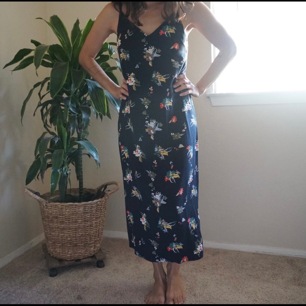 RVCA Maddox Floral Midi Slip Dress, Black Floral, XS.